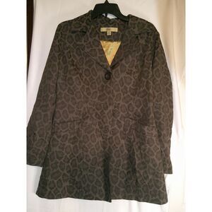 Elegant Brown Leopard Print Long Blazer‎ Jacket Gold Lined Button Front